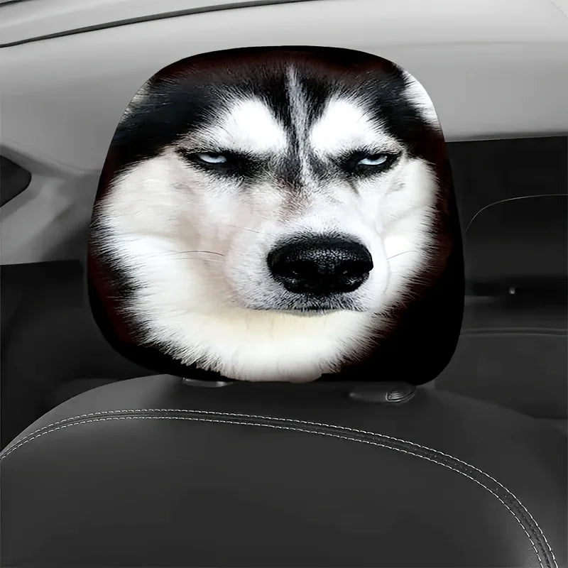 Husky Car Headrest Covers close-up on a black car seat, showing the blue-eyed husky face and support posts.