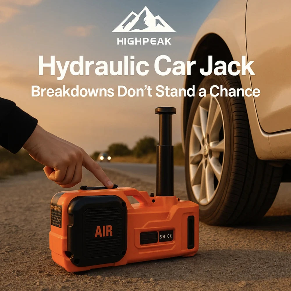 HighPeak Hydraulic Car Jack in orange lifting a white car tire on a roadside during sunset for emergency use