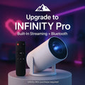 HighPeak Upgrade to Infinity Pro projector in white with remote, featuring built-in streaming and Bluetooth connectivity