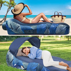 Inflatable Canopy Lounger in navy blue at the beach without its canopy and on grass with the canopy attached.