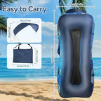 Inflatable Canopy Lounger size graphic showing the navy lounger, detachable canopy and carry bag measurements.