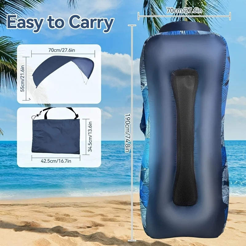 Inflatable Canopy Lounger size graphic showing the navy lounger, detachable canopy and carry bag measurements.