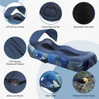 Inflatable Canopy Lounger in navy blue with close-ups of the canopy, mesh seat, pocket, buckle and anchor stake.