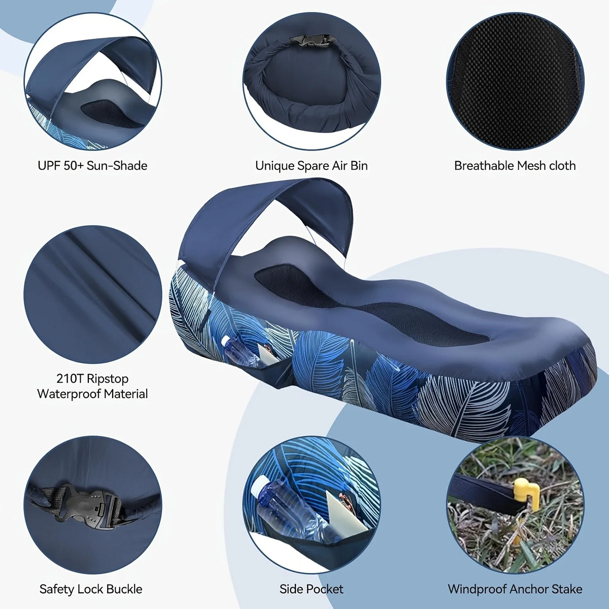 Inflatable Canopy Lounger in navy blue with close-ups of the canopy, mesh seat, pocket, buckle and anchor stake.