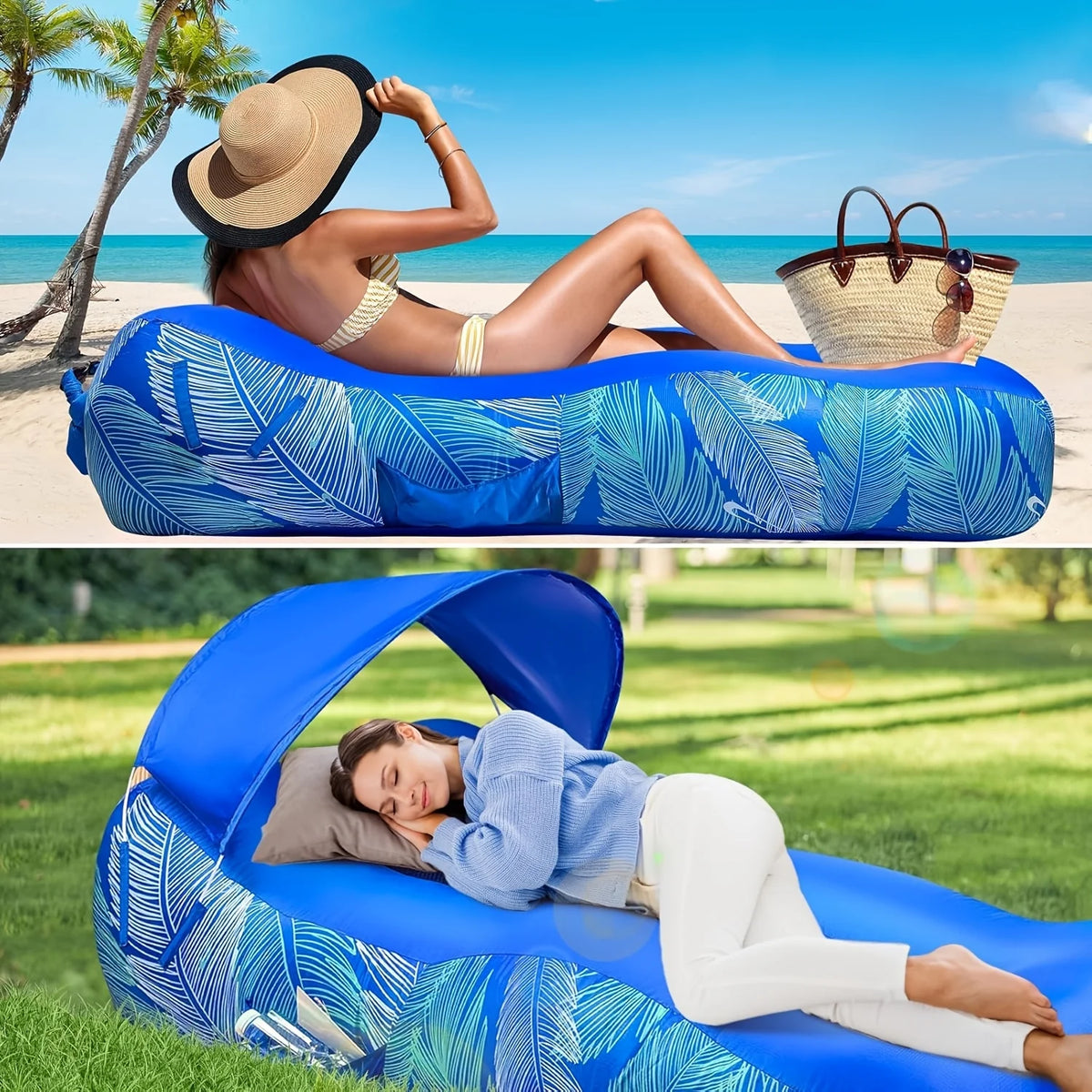 Inflatable Canopy Lounger in royal blue shown in beach and park scenes, with and without its canopy.