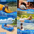Inflatable Canopy Lounger in blue in a collage of camping, festival, picnic, beach and travel settings.