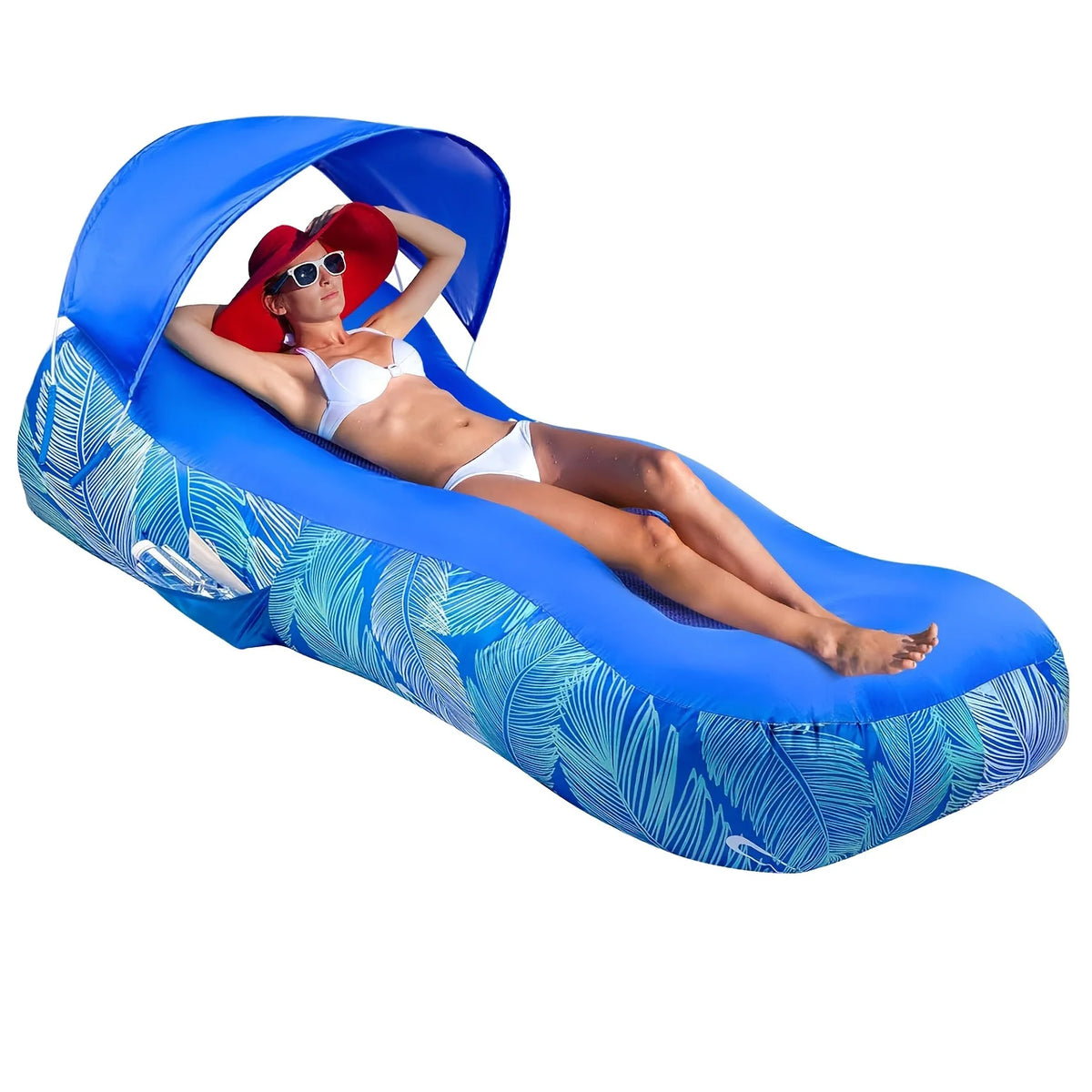 Inflatable Canopy Lounger in royal blue with a reclining woman, raised canopy and leaf-print sides.