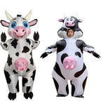 Inflatable Cow Costume comparison with offered enclosed blue-eyed version left and alternate open-face design right.