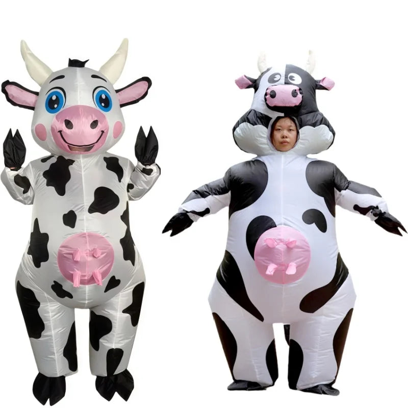Inflatable Cow Costume comparison with offered enclosed blue-eyed version left and alternate open-face design right.