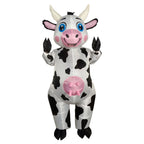 Inflatable Cow Costume with enclosed blue-eyed head, white body, black spots, pink snout and raised arms.