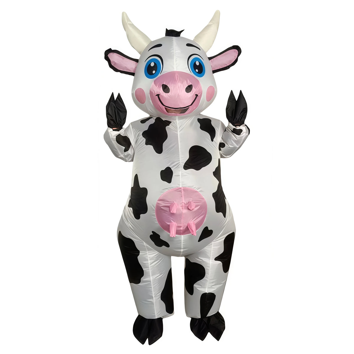 Inflatable Cow Costume with enclosed blue-eyed head, white body, black spots, pink snout and raised arms.