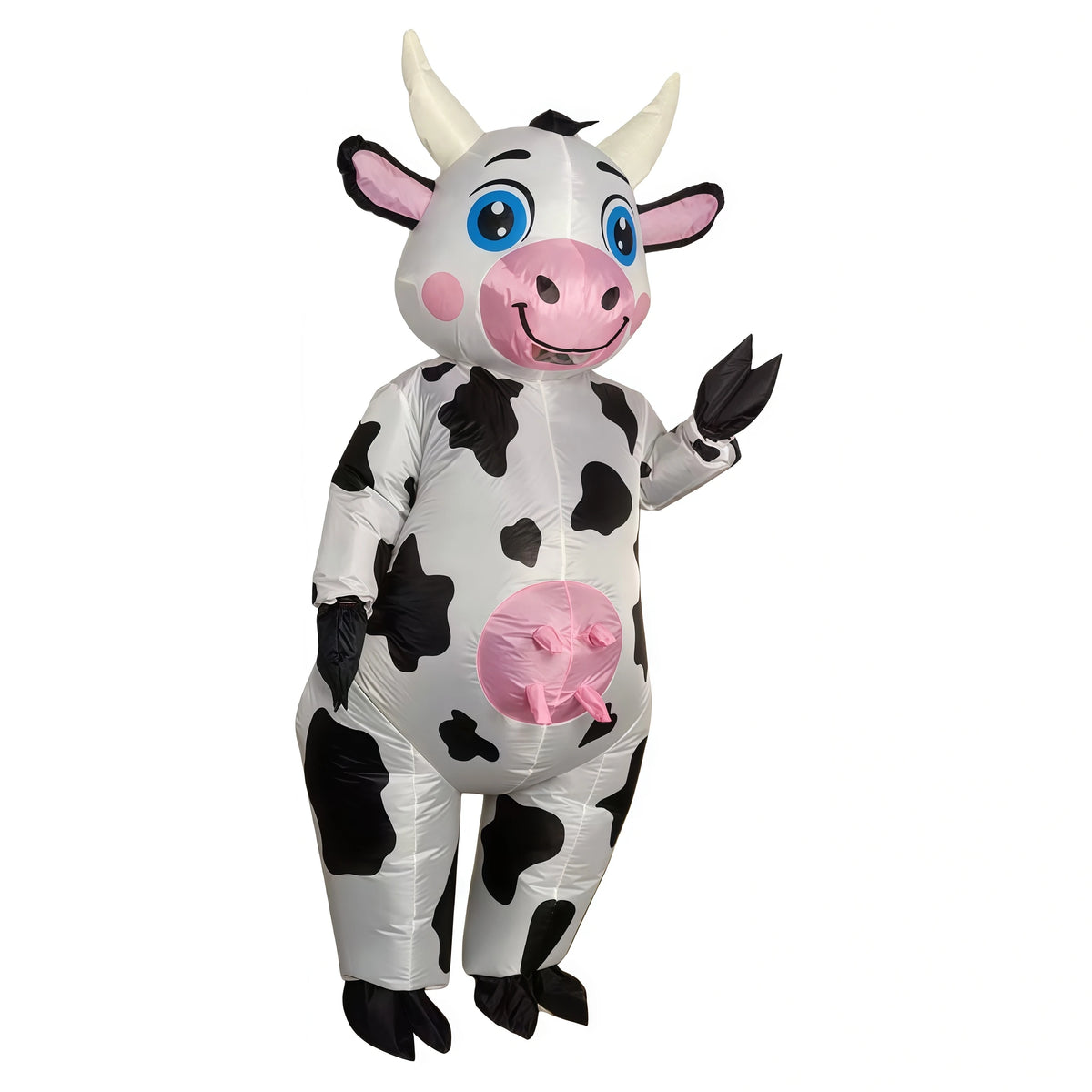 Inflatable Cow Costume enclosed blue-eyed version shown at a three-quarter angle with one hoof raised.