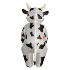 Inflatable Cow Costume rear view showing black spots, back zipper, tail and orange blower.