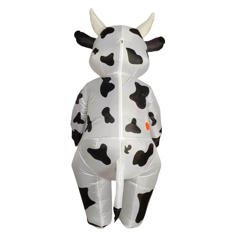 Inflatable Cow Costume rear view showing black spots, back zipper, tail and orange blower.