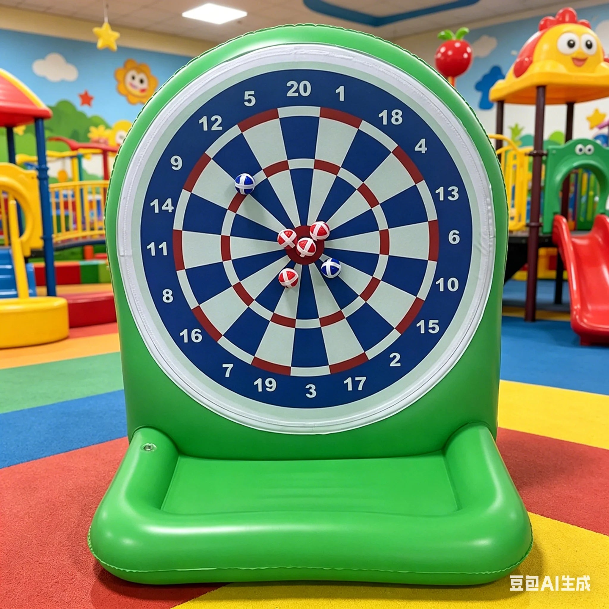 Inflatable Dartboard Game green variant displayed in a colorful indoor children's play area