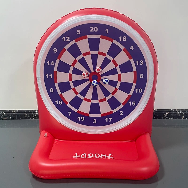 Inflatable Dartboard Game in red with numbered target, soft flying darts, and built-in base tray