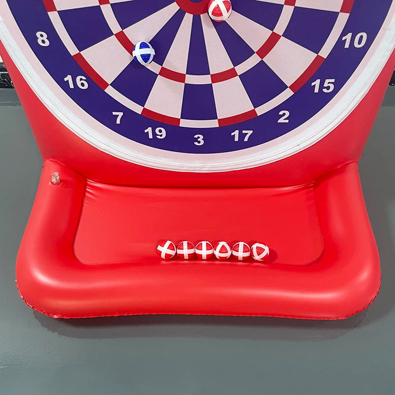 Inflatable Dartboard Game red base tray holding the included soft flying darts below the target