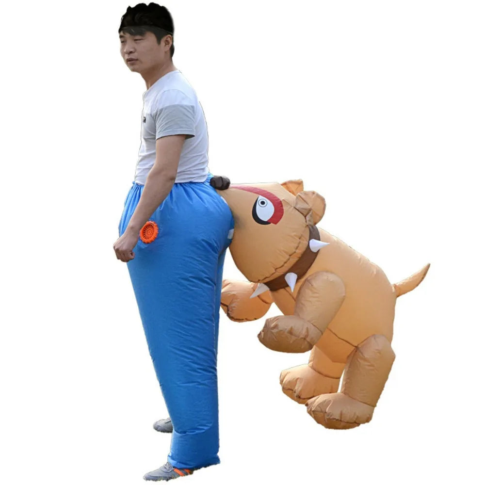 Inflatable Dog Bite Costume left side view showing the cartoon dog face and orange fan on blue pants.