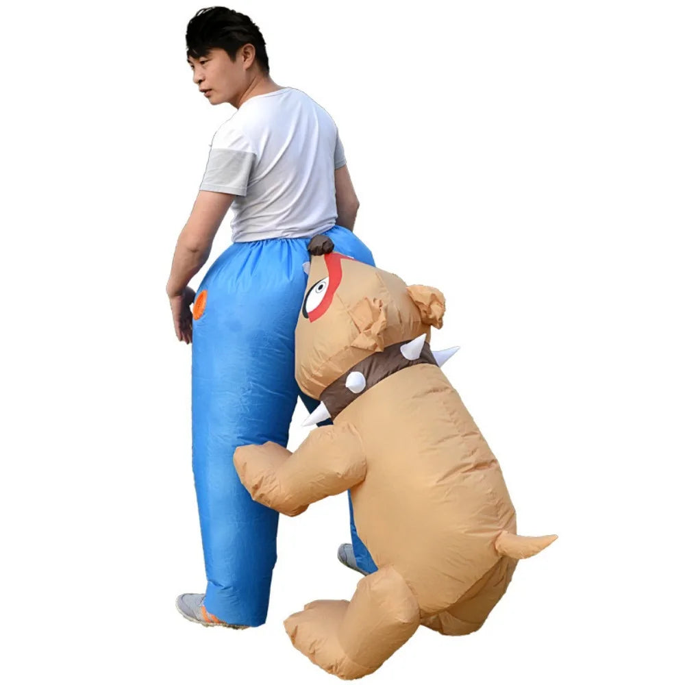 Inflatable Dog Bite Costume rear three-quarter view showing the attached tan dog and its biting pose.