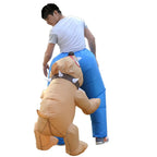 Inflatable Dog Bite Costume rear view showing the tan dog's tail, paws and brown spiked collar.