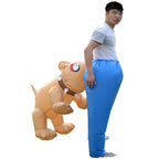Inflatable Dog Bite Costume right side view with tan dog, raised paws and inflated blue lower-body pants.