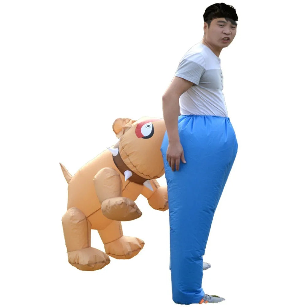 Inflatable Dog Bite Costume right side view with tan dog, raised paws and inflated blue lower-body pants.