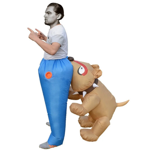 Inflatable Dog Bite Costume with blue pants and a tan dog biting the rear, shown in side profile.