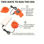 Inflatable Dog Bite Costume fan guide showing four-AA battery holder and USB power bank options.