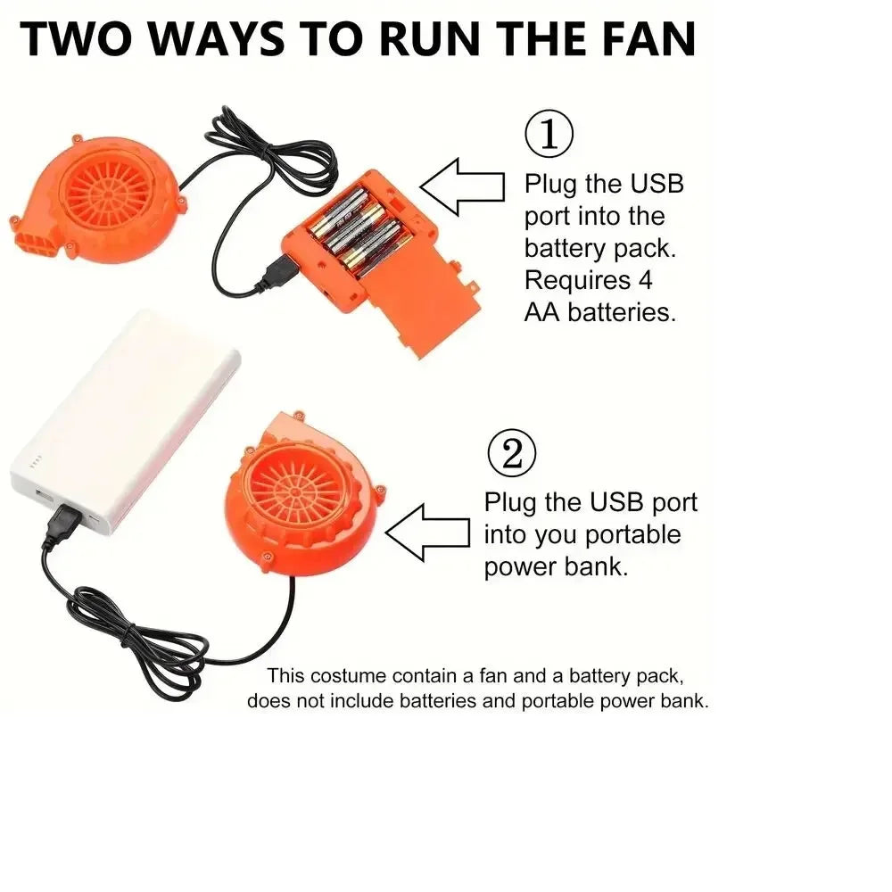Inflatable Dog Bite Costume fan guide showing four-AA battery holder and USB power bank options.