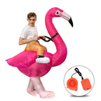 Inflatable Flamingo Costume adult option shown on a man, with an inset of the orange blower and battery holder.