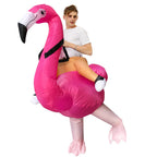 Inflatable Flamingo Costume adult front pose with one leg raised and the black-tipped beak visible.