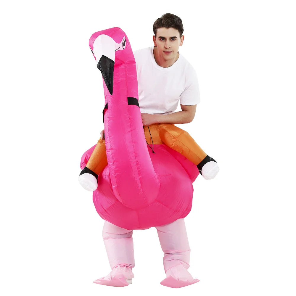 Inflatable Flamingo Costume straight-on adult view showing the long neck and pretend shoes on either side.