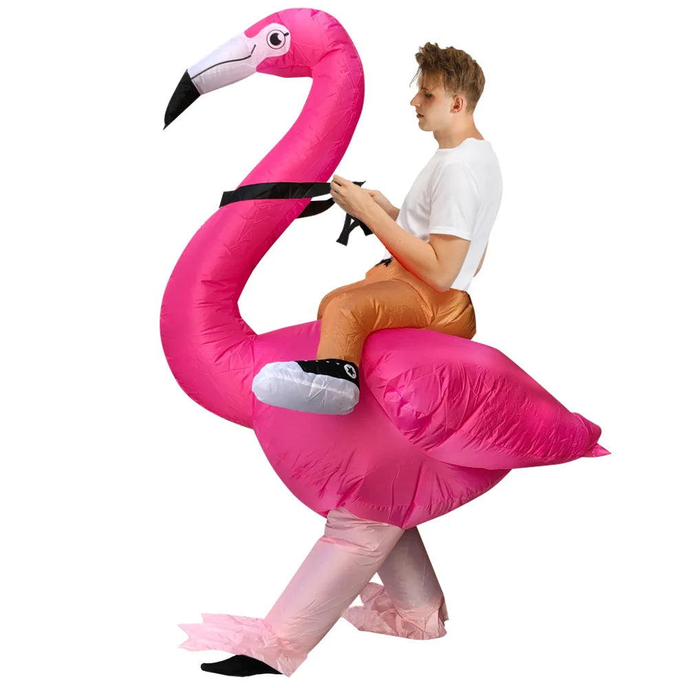 Inflatable Flamingo Costume adult left profile showing the wing, tail, black reins, and pink leg covers.