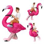 Inflatable Flamingo Costume collage showing an adult wearer from three angles and in different poses.