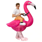Inflatable Flamingo Costume adult view with a long pink neck, black reins, and orange pretend rider legs.
