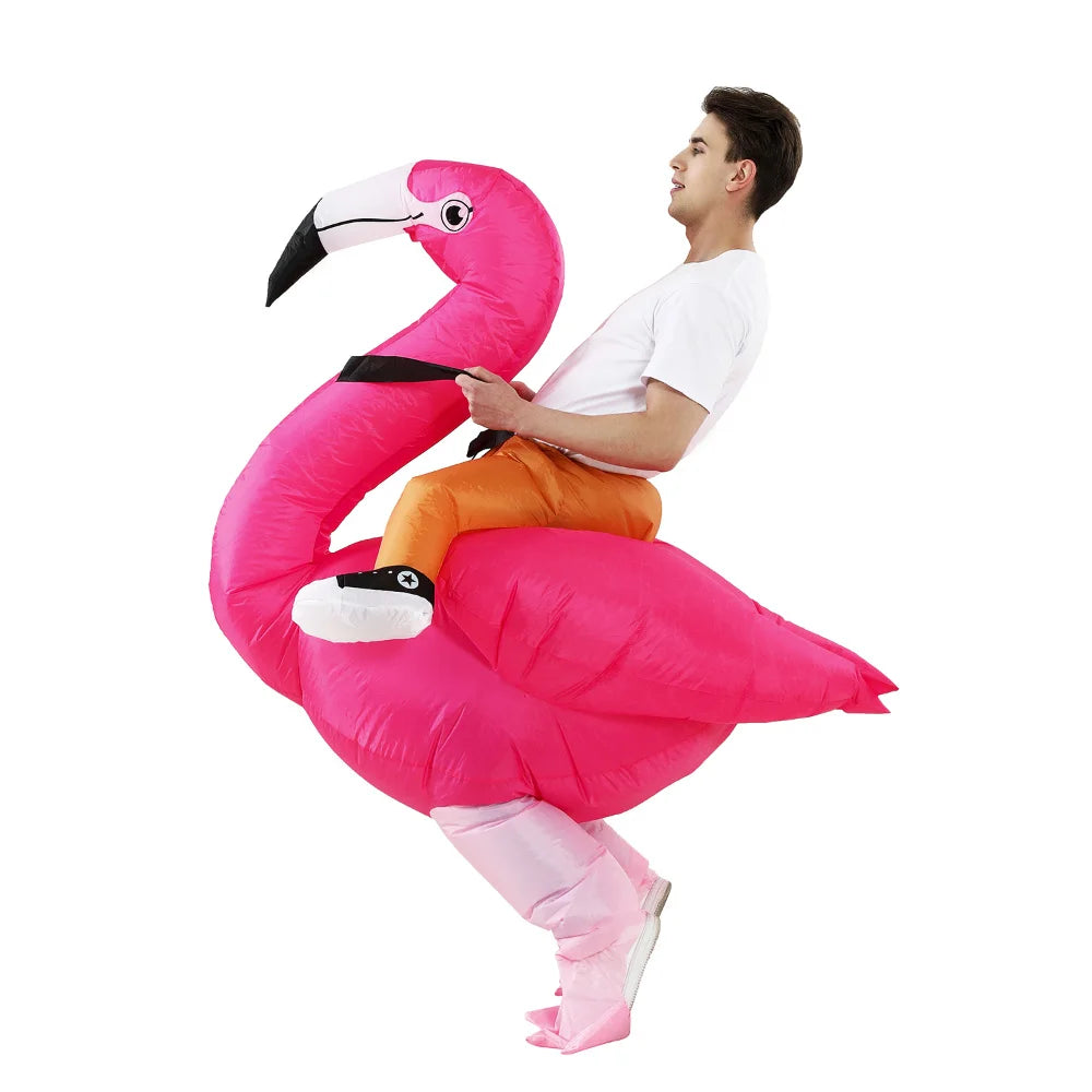 Inflatable Flamingo Costume side pose with the wearer leaning back while holding the black reins.