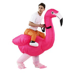Inflatable Flamingo Costume adult walking pose, showing the pink body, wing, and bird-shaped leg covers.
