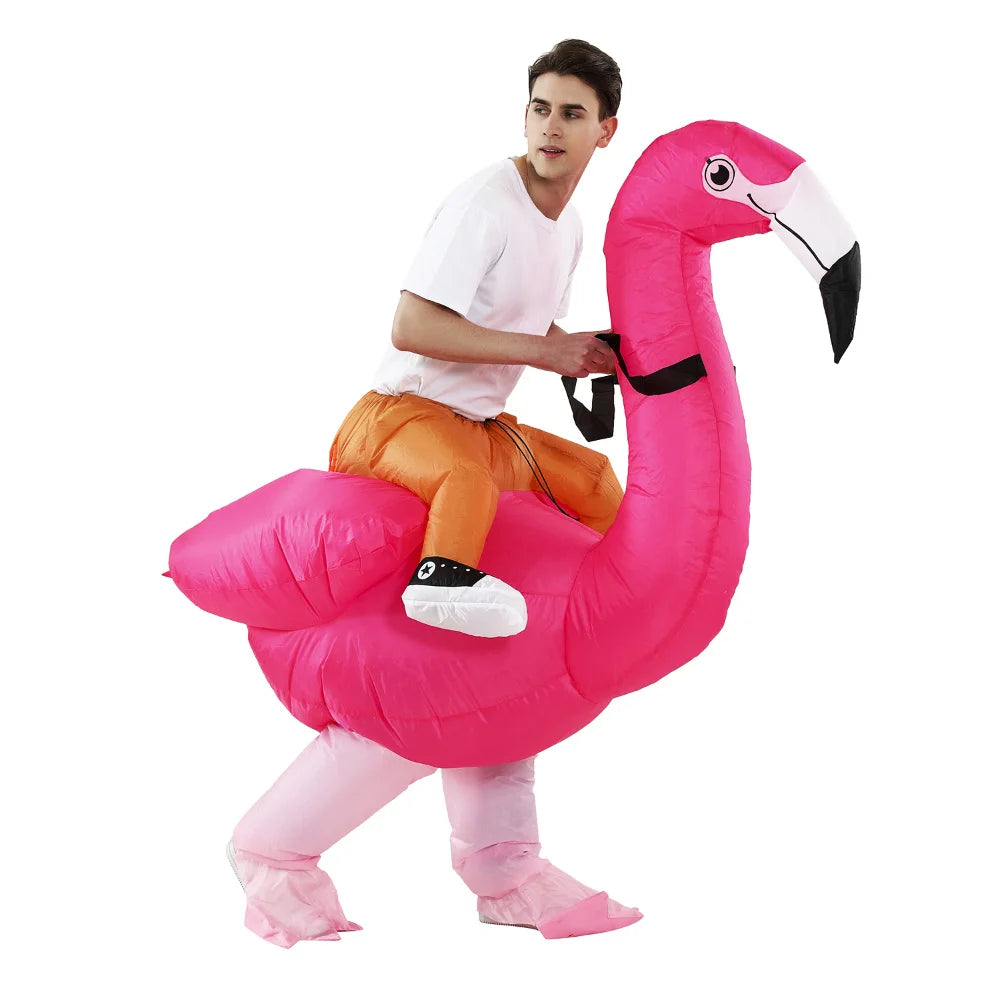 Inflatable Flamingo Costume adult walking pose, showing the pink body, wing, and bird-shaped leg covers.