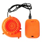 Inflatable Flamingo Costume blower accessory with orange fan housing, USB cable, and switched battery holder.
