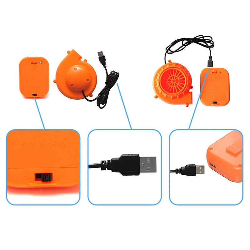 Inflatable Flamingo Costume blower diagram with close-ups of the power switch, USB plug, and connection port.