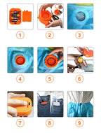 Inflatable Flamingo Costume blower setup guide demonstrating fan mounting and power connections on sample blue fabric.