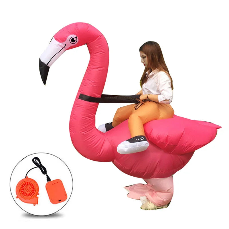 Inflatable Flamingo Costume kids option with pink wings and pretend rider legs, plus a blower inset.