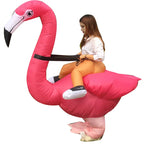 Inflatable Flamingo Costume kids side view showing the long neck, pink wing, and orange pretend trousers.