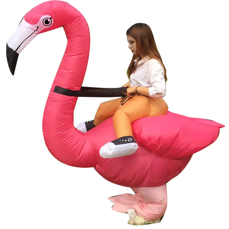 Inflatable Flamingo Costume kids side view showing the long neck, pink wing, and orange pretend trousers.