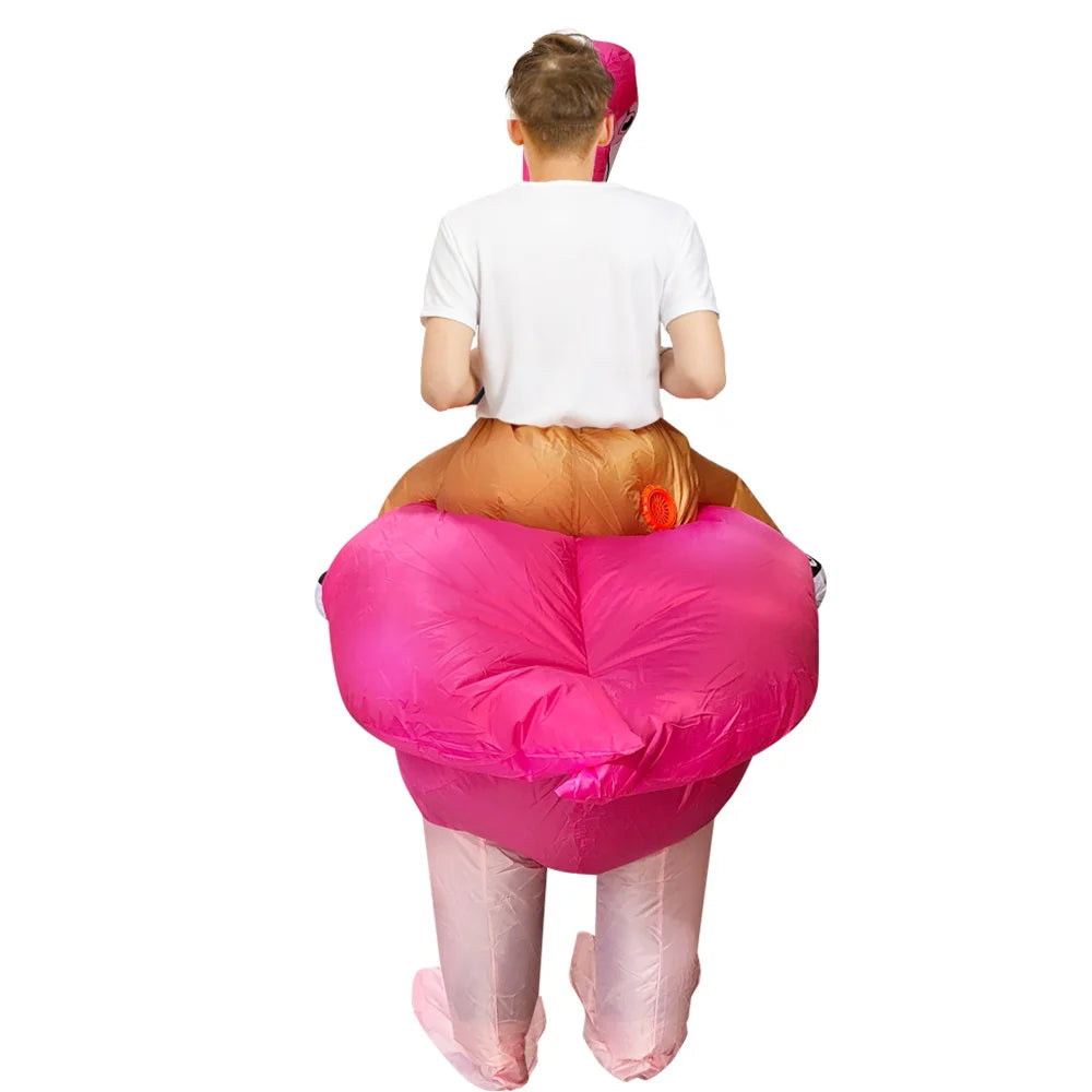 Inflatable Flamingo Costume viewed from behind, with the tail centered and blower visible on the right.