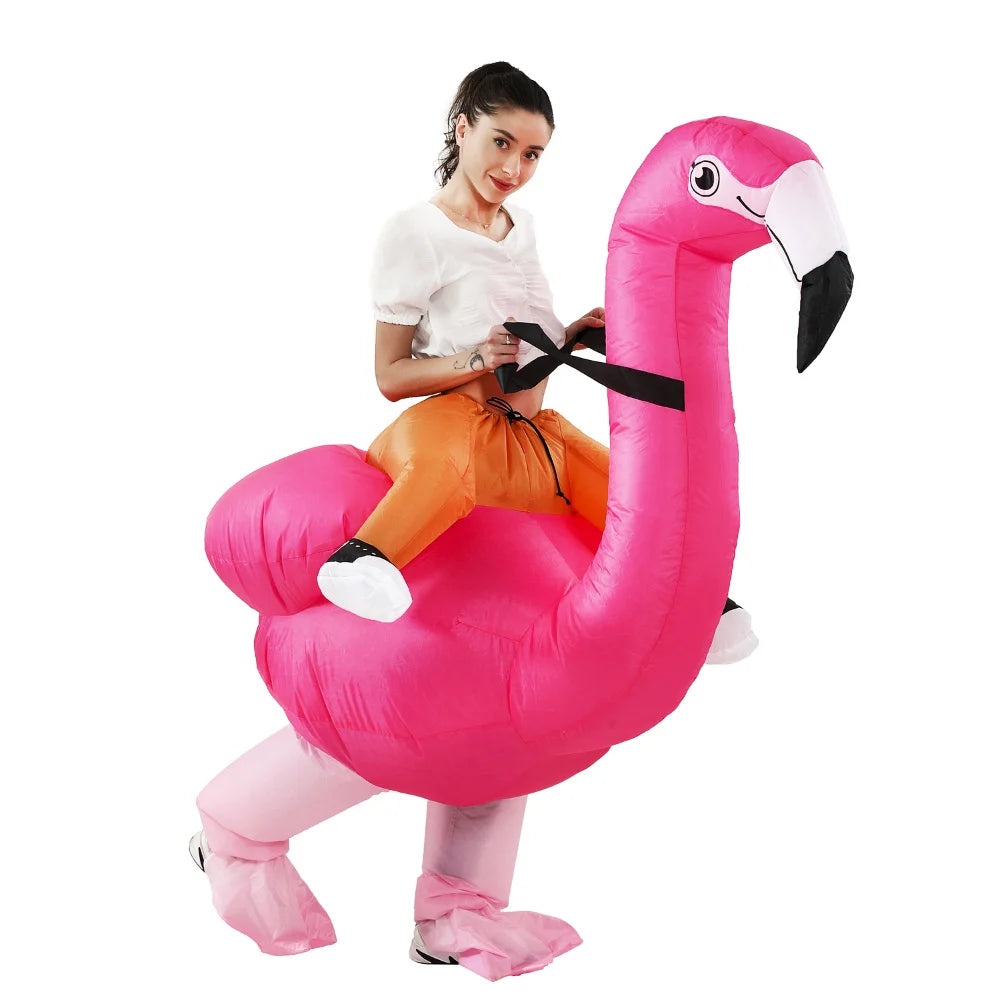 Inflatable Flamingo Costume worn by a woman, showing the pink bird, orange pretend legs, and black reins.