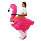 Inflatable Flamingo Costume rear three-quarter view on a woman, with the wing and pointed tail visible.