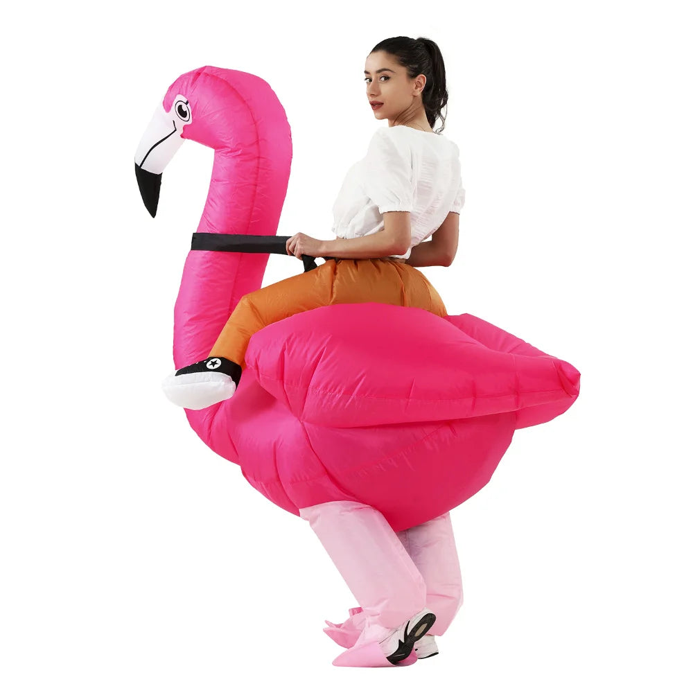 Inflatable Flamingo Costume rear three-quarter view on a woman, with the wing and pointed tail visible.