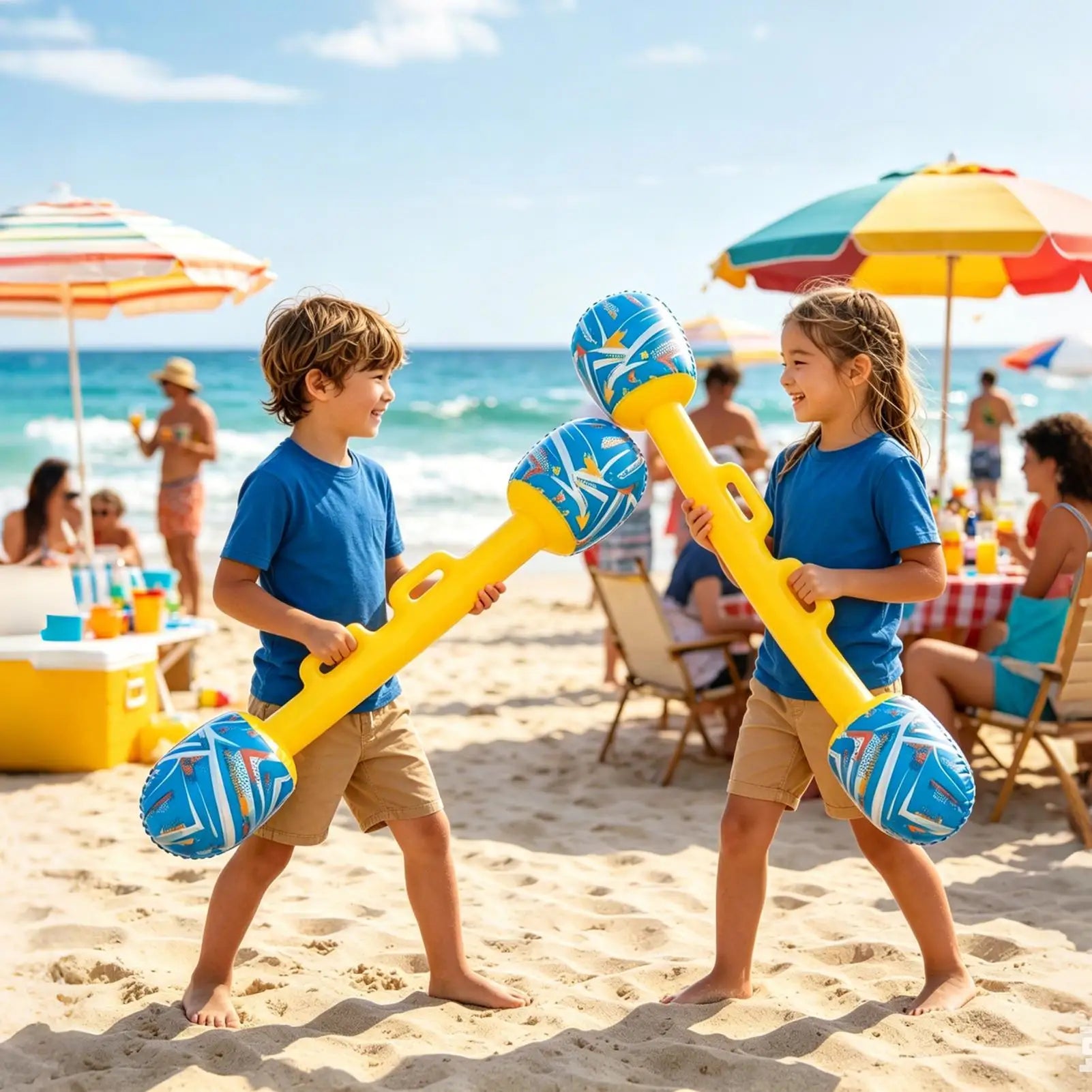 Inflatable Gladiator Baton Set — two children holding batons on a sunny beach