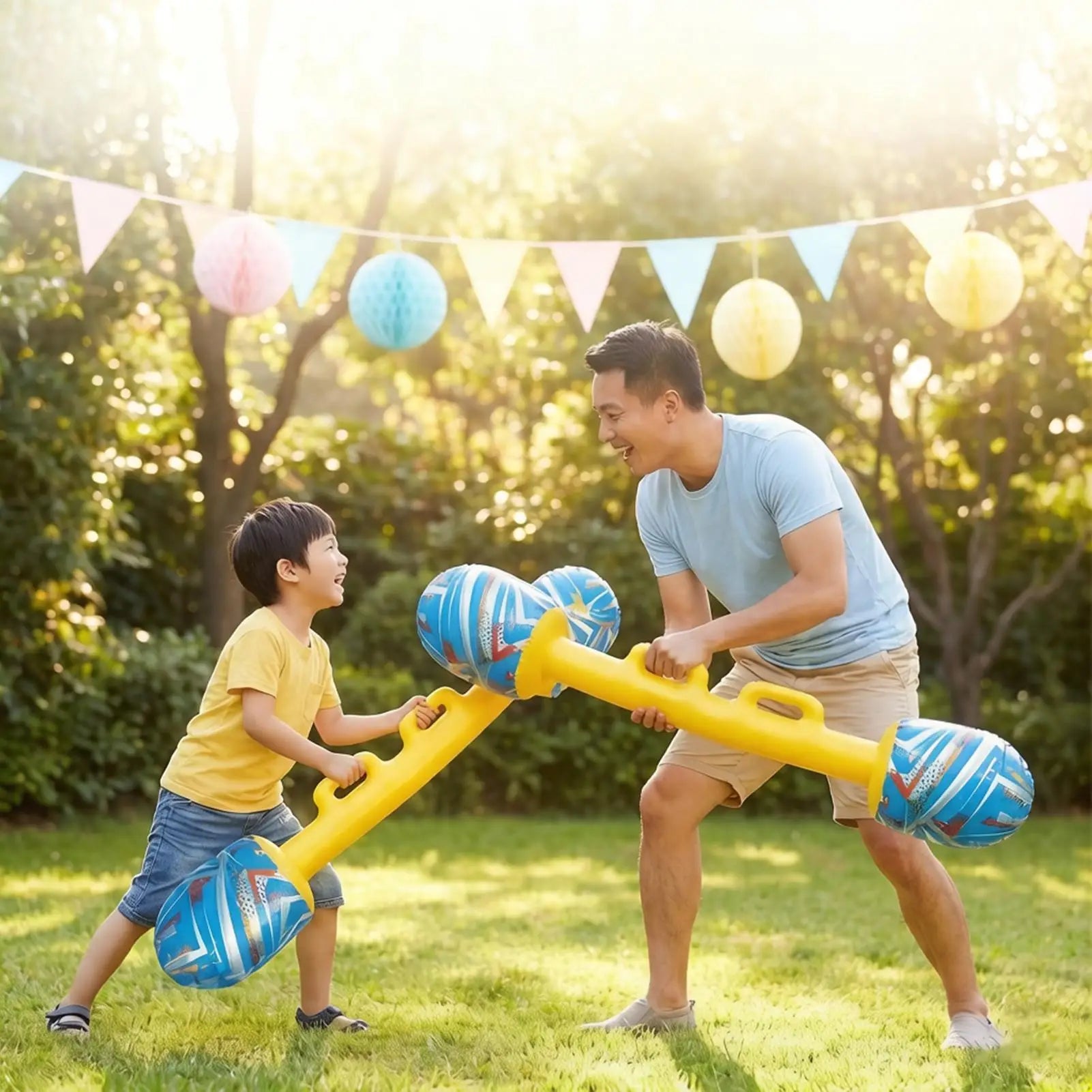 Inflatable Gladiator Baton Set — adult and child playing together on a lawn